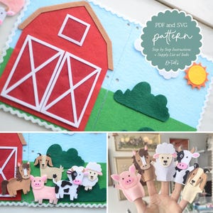 Może przedstawiać: Scena z farmą z filcu z czerwonym budynkiem gospodarczym, zielonymi polami i błękitnym niebem. Scena zawiera filcowe zwierzęta gospodarskie i tekst "PDF and SVG pattern". Pokazane są również pacynki na palce ze zwierzętami gospodarskimi.