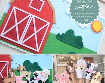 DIY Felt Busy Book SVG and PDF Pattern - Farm Barn Page w/ Animal Finger Puppets