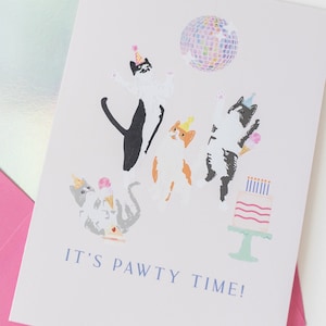 Carte d’anniversaire Let’s Pawty, Personne chat, Amoureux des chats, Carte Mirrorball, Dancing Queen Card, Disco Cat Lady, Cat Mom, Prêt à expédier 4.25x5.5in