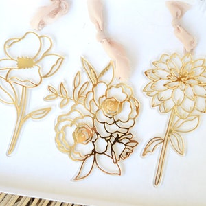 Flower Christmas Ornament Set, Botanical, hand drawn, florals, Gifts for Mom, Christmas gift, Gold ornament set, gift ideas for her image 1