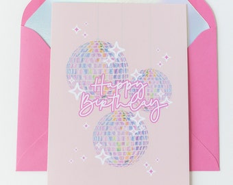 Carte d'anniversaire boule disco | Carte Mirrorball | Carte Reine dansante | Disco Cow-girl | Anniversaire | Prêt à expédier 4.25x5.5in