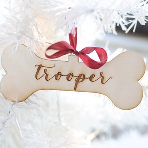 Pet Name Bone Christmas Ornament, Engraved, Custom Laser Cut, Personalized Pet, Dog Lover Gift, Keepsake Present