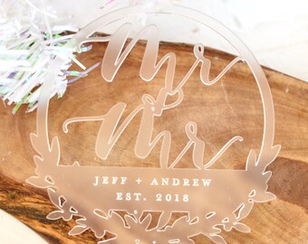 Mr and Mr Laser Cut Custom Christmas Ornament, personalizado, recuerdo, regalo de boda, Mr & Mr, recién casados, primera Navidad,