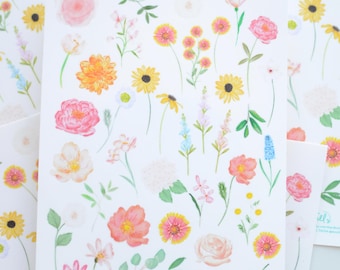Hoja de pegatinas con flores dibujadas a mano / Hoja de pegatinas / Scrapbooking / Diario basura / Manualidades / Planificador diario / Fabricación de tarjetas / Pegatinas de acuarela