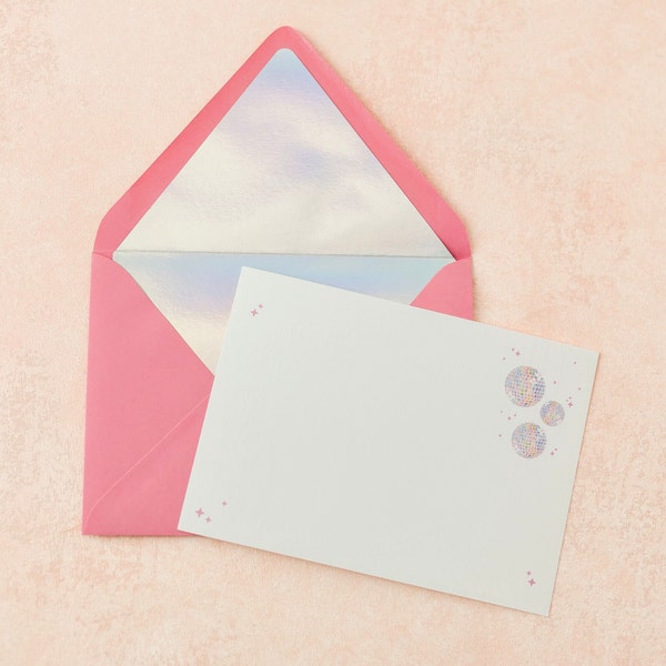 Watercolor disco ball note card set with envelopes and iridescent, holographic liners | Set of 10 | Blank Mirror ball Stationery Set