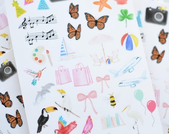 Hoja de pegatinas con íconos dibujados a mano / Hoja de pegatinas / Scrapbooking / Diario basura / Manualidades / Planificador diario / Fabricación de tarjetas / Pegatinas lindas