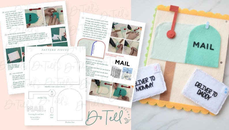 May include: A felt mailbox craft kit with instructions and pattern pieces. The mailbox is light green with the word "MAIL" on it. Two white envelopes read "DELIVER TO MOMMY" and "DELIVER TO DADDY". The kit includes a red flag and a yellow scalloped border.