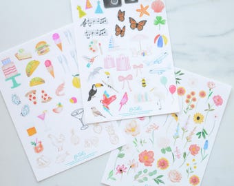 Juego de pegatinas dibujadas a mano / hoja de pegatinas / álbum de recortes / diario basura / manualidades / agenda diaria / fabricación de tarjetas / pegatinas de acuarela