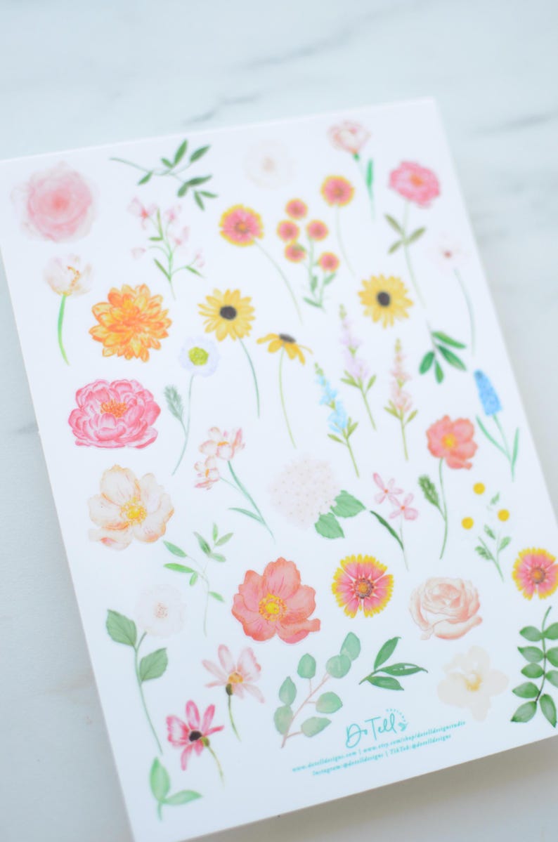 Hand Drawn Flower Sticker Sheet | Sticker Sheet | Scrapbooking | Junk ...