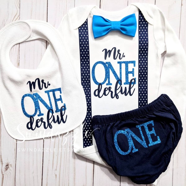 Navy and aqua Mr. ONEderful -items sold separately - ONEderful bodysuit - ONEderful first birthday - ONEderful theme - polka dot cursive