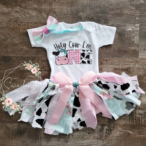 Holy Cow I'm One birthday outfit - cowgirl tutu - Pink - flower - mint -  blue - fabric tutu - rustic - 1st birthday girl - first birthday