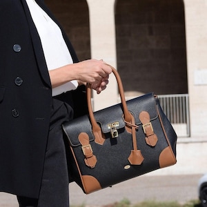 Bolso de piel, bolso de diseñador italiano, elegante bolso de trabajo, regalo de lujo, cartera premium con asa superior.