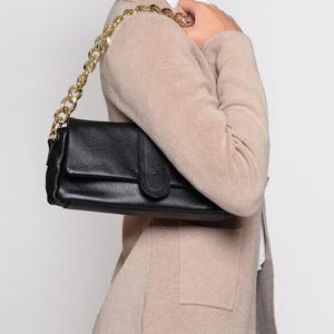 Black Leather Crossbody Bag: Handmade Flap Clutch with Gold Chain