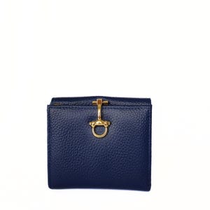 Small Leather Wallet Women’s with Elegant Gold Clip Closure, Italian Bleu Purse with External Coin Pocket, Card Holder, Perfect Gift
