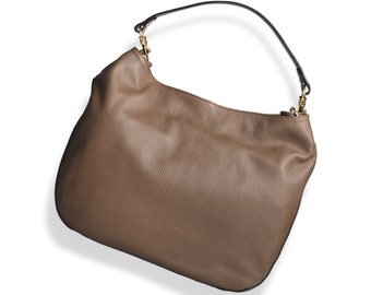 Luxurious Italian Leather Hobo Bag in Taupe -  Shoulder Bag with zipper and Gold Hardware. Elegant Gift for Mom