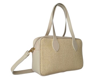 Elegant Italian Raffia and Leather Handbag - Medium Size with Shoulder Strap, Women's Purse, Gift summer straw bag