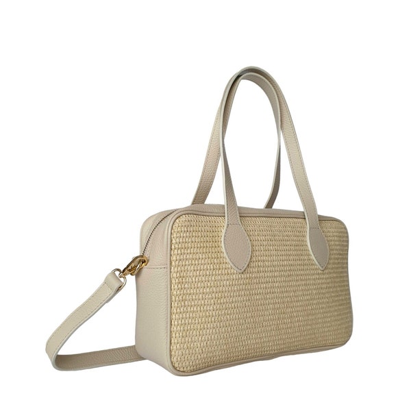 Elegant Italian Raffia and Leather Handbag - Medium Size with Shoulder Strap, Women's Purse, Gift summer straw bag