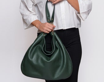 Luxurious Italian Leather Hobo Bag in Green -  Shoulder Bag with zipper and Gold Hardware. Elegant Gift for Mom