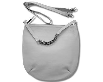 Sac hobo en cuir, sacs à main italiens pour femme, avec fermeture éclair, sac à bandoulière gris élégant de taille moyenne. Cadeau pour maman
