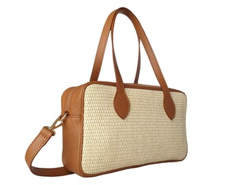 Elegant Italian Raffia and Leather Handbag - Medium Size with Shoulder Strap, Women's Purse, Gift summer straw bag