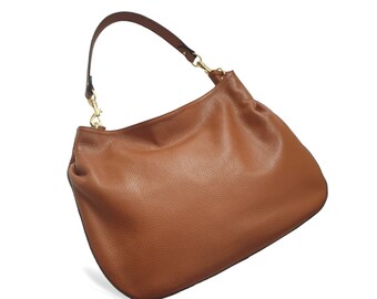 Luxurious Italian Leather Hobo Bag in Cognac -  Shoulder Bag with zipper and Gold Hardware. Elegant Gift for Mom