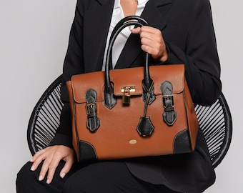 Women's Elegant Leather Tote Bag - Handmade Italian Satchel with Spacious Interior in Classic Tan and Black. Gift for work mom