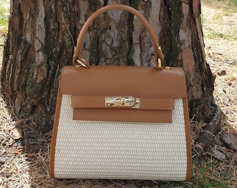 Bolsos de Paja con Cuero Italiano Hechos a Mano - Elegante Bolso de Mujer con Cremallera. Regalo bolso rafia verano