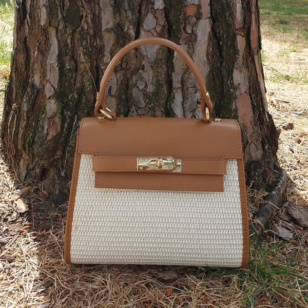 Straw Handbags with Leather Italian Handmade - Elegant Women's Purse with Zipper. Gift summer raffia bag