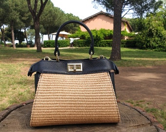 Straw Handbags with Leather Italian Handmade - Elegant Women's Purse with Zipper. Gift summer raffia bag