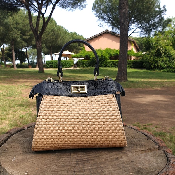 Straw Handbags with Leather Italian Handmade - Elegant Women's Purse with Zipper. Gift summer raffia bag