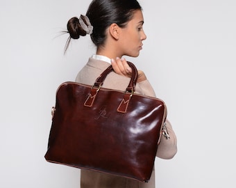 Brown Leather Laptop Briefcase Genuine Leather, Computer Bag for Men and Women, Slim Briefcase, Italian Made. Gift for her business