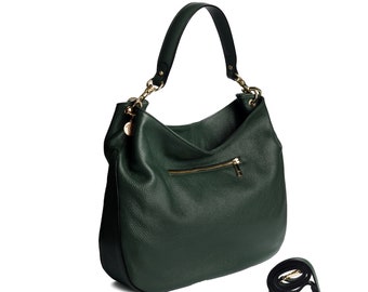 Luxurious Italian Leather Hobo Bag in Green -  Shoulder Bag with zipper and Gold Hardware. Elegant Gift for Mom