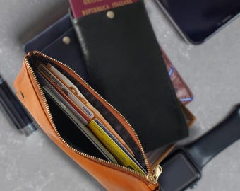Italian Leather Wallet – Handmade Slim Travel Card Holder, Zip Purse, Long Front Pocket Business Gift for Men