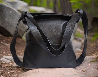 Leather Black Convertible Hobo Backpack Purse, Women's Large Shoulder Bag with Front Pockets. Gift for Travel Lover