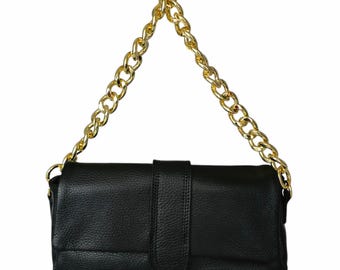 Black Leather Handbag With Gold Chain - Italian Handmade