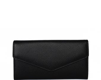 Womens Wallet in Italian Leather, Elegant Black Purse with RFID protection, 16 Card Slots and handy Coin Pocket. Gift for Birthday