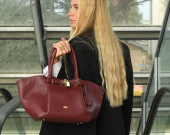 Genuine Leather Tote Bag, Luxury Designer Handbag, Elegant Women&#39;s Work Purse, Stylish Italian Everyday Tote