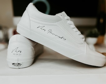 Custom Wedding Script Calligraphy LEATHER VANS / Canvas Wedding VANS shoes / Wedding Shoes / Wedding Sneakers / Wife Wifey Shoes