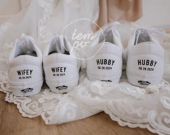 Custom Wedding Shoes / LEATHER Canvas Wedding VANS/ Wedding shoes / Wifey Est Wife Shoes, Husband Hubby Shoes / Wedding sneakers Bride Shoes