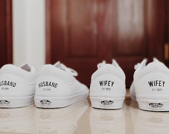 Custom Wedding LEATHER VANS / Canvas Wedding VANS shoes / Wedding shoes / Wifey Wife shoes / Husband Hubby Shoes / Wedding sneakers