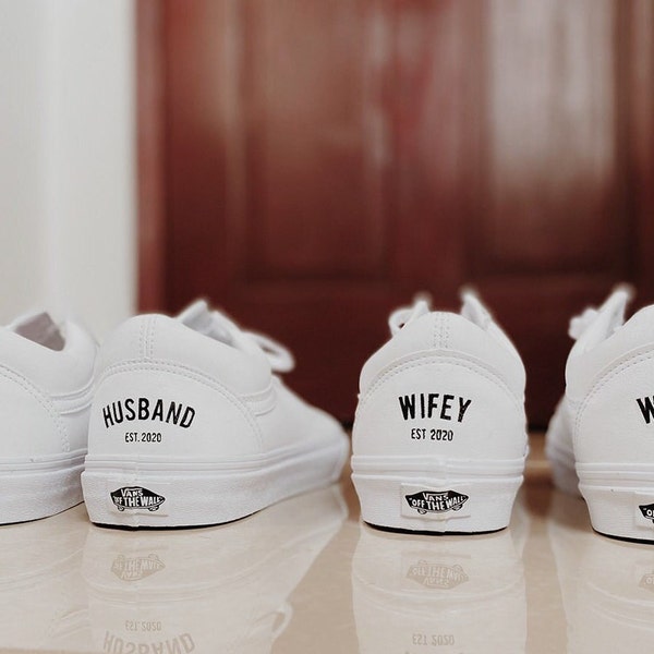 Custom Wedding LEATHER VANS / Canvas Wedding VANS shoes / Wedding shoes / Wifey Wife shoes / Husband Hubby Shoes / Wedding sneakers