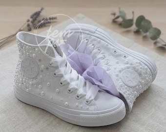 Custom Wedding Converse with Pearls / Wedding High Tops / Custom Wedding Shoes / Wifey Wife shoes / Wedding converse / Bridal Converse
