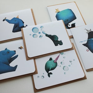 uvres d'art originales BLUE ANIMALS, lot de six cartes : ours bleu, éléphants, narval, baleine bleue et morse