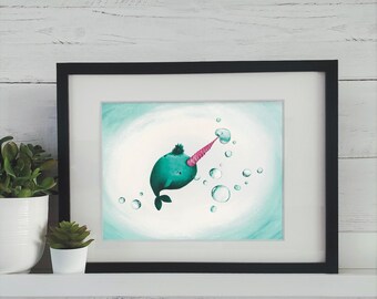 Narwhal Art Print   |   Narwhal and Bubbles Illustration   |   Minimalistic art   |    Simple Wall Art