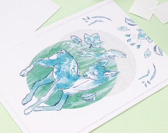 Glitter Postcard "Mint Sprint Melody" - Minze, the doe and Eich, the squirrel
