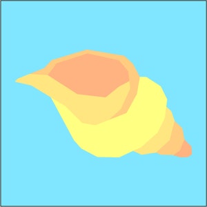 Könnte beinhalten: Eine gelbe und orangefarbene Muschel mit einer glatten, abgerundeten Form. Die Muschel ist vor einem hellblauen Hintergrund isoliert.