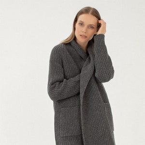 Soft Organic Merino Wool Cardigan with Pockets, Cashmere Long Wool Jacket for Women, RIVER / dark grey