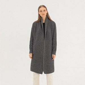 Soft Organic Merino Wool Cardigan with Pockets, Cashmere Long Wool Jacket for Women, RIVER / dark grey image 2