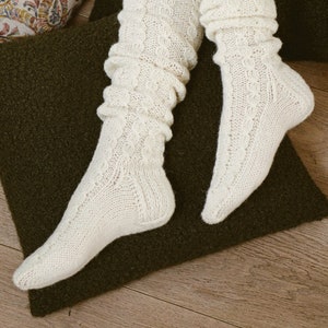 White natural wool socks, Womens high knee socks, Vintage woolen long socks, Knitted woolen boots socks, Knit thight high socks
