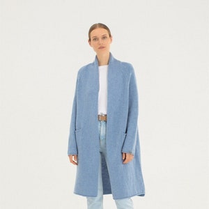 Blue merino cashmere wool cardigan, Knit eco wool jacket, Long cardigan with pockets, Warm cosy hand knit woolen cardigan SARA / light blue